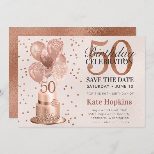 日付を保存50番目の誕生日バラ金ゴールドケーキ セーブザデート (正面/裏面)