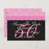 日付を保存50誕生日ピンクと黒のレース 案内ポストカード (正面/裏面)