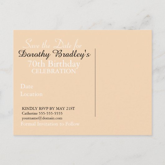 日付を保存70誕生日蝶と牡丹 –  案内ポストカード (裏面)