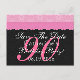 日付を保存90誕生日ピンクと黒のレース 案内ポストカード