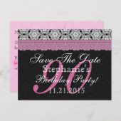 日付を保存90誕生日白黒ピンクレース 案内ポストカード (正面/裏面)