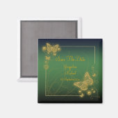 「日付を保存」エメラルドグリーンバタフライ金ゴールドブラック マグネット (正面/裏面)