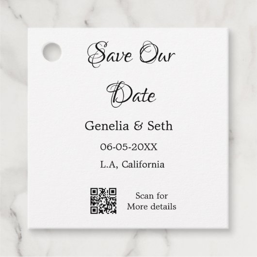 日付を保存 シンプル ミニマル QRコード 詳細をスキャン フェイバータグ (正面)