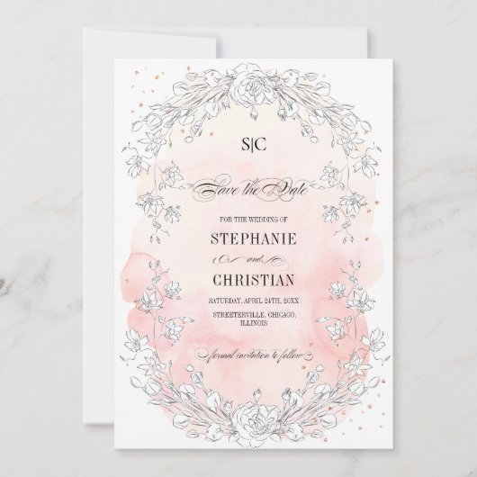 日付を保存。スケッチフローラ赤面ピンク結婚ズ 招待状 (正面)