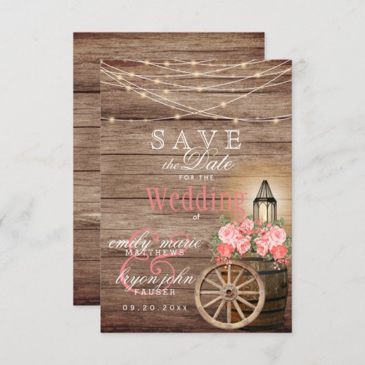 日付を保存 – ストリングライト、木製バレル – サンゴ セーブザデート (正面/裏面)