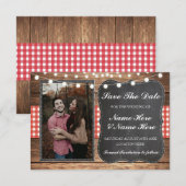 日付を保存 チョーク ウッド ラスティック レッド チェック フォト セーブザデート (正面/裏面)