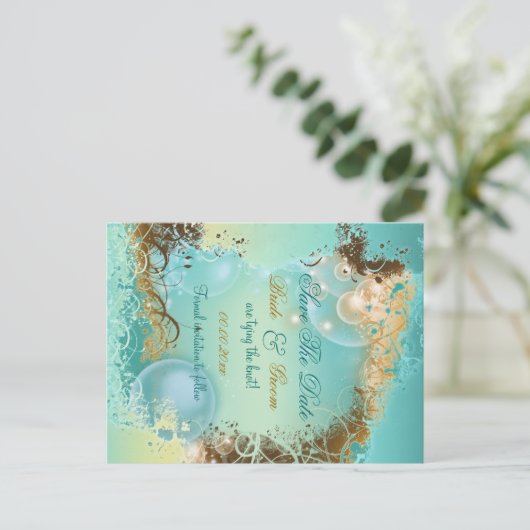 「日付を保存」ビーチテーマ結婚のアクア 案内ポストカード (スタンド正面)