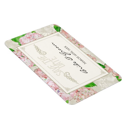 日付を保存，ピンクアジサイのレースフローラ フォーマル マグネット (右側)