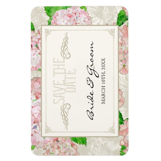 日付を保存，ピンクアジサイのレースフローラ フォーマル マグネット (縦)