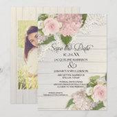 日付を保存 フォトレース ピンクハイドランジア 木のフェンス セーブザデート (正面/裏面)