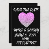 日付を保存 ブラック グリッター ハート オーダーメイド 招待状 (正面/裏面)