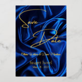 日付を保存 ブルー シルク背景 箔招待状 (正面)