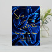 日付を保存 ブルー シルク背景 箔招待状 (立ち正面)