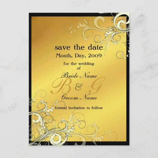 日付を保存、モノグラムのクリーム渦巻き 案内ポストカード (正面)