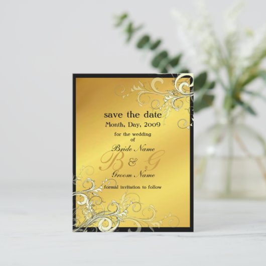 日付を保存、モノグラムのクリーム渦巻き 案内ポストカード (スタンド正面)