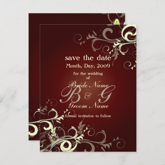 日付を保存、モノグラムのクリーム渦巻き 案内ポストカード (正面/裏面)