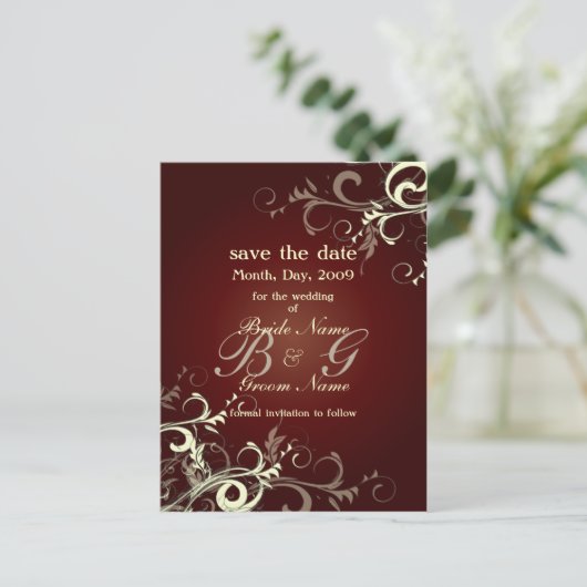 日付を保存、モノグラムのクリーム渦巻き 案内ポストカード (スタンド正面)