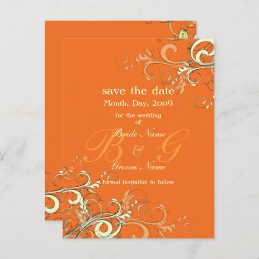 日付を保存,モノグラムのクリーム渦巻き/DIY色 案内ポストカード (正面/裏面)