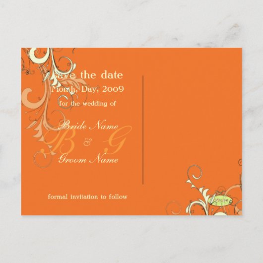 日付を保存，モノグラムのクリーム渦巻き/DIY色 案内ポストカード (裏面)