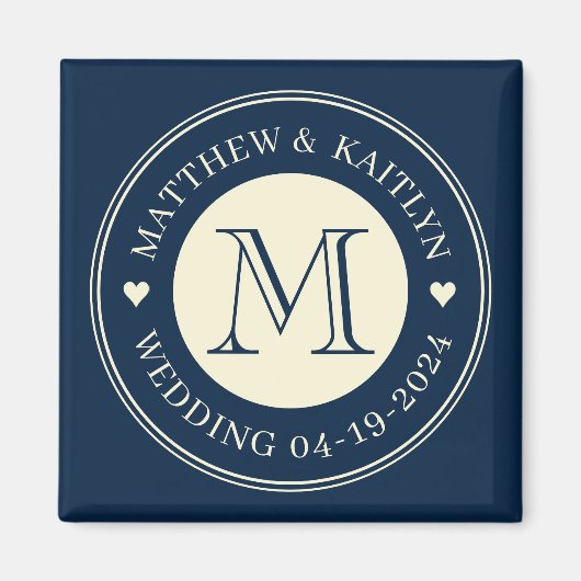 日付を保存 モノグラム ハート ディープシー ブルー マグネット (正面)