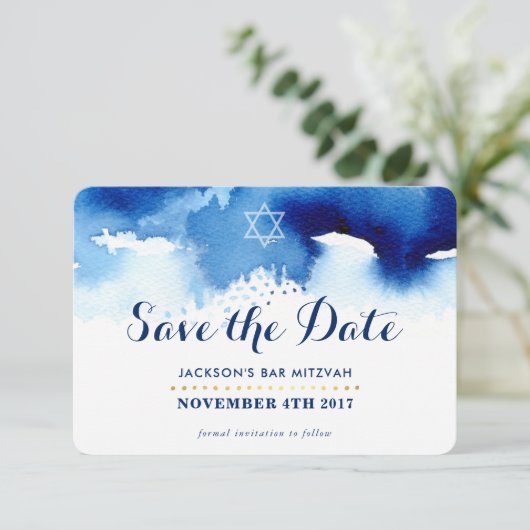 日付を保存（ユダヤ教の）バル・ミツバーモダン星青色の水色 サンキューカード (スタンド正面)