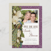 日付を保存 – ヴィンテージ孔雀&マグノリア渦巻き セーブザデート (正面/裏面)