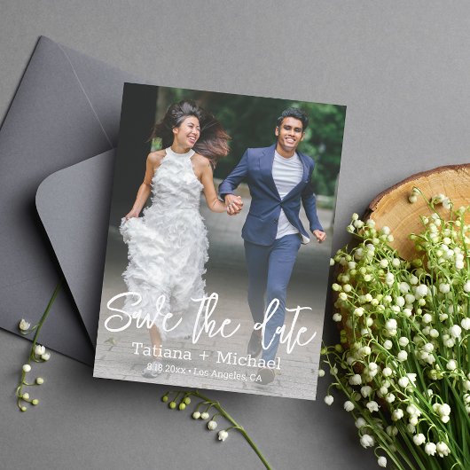 日付を保存，新婦おもしろいと新郎の写走真 案内ポストカード