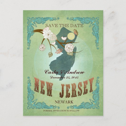 日付を保存 – 素敵な鳥とニュージャージーの地図 案内ポストカード (正面)