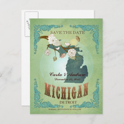 日付を保存 – 素敵な鳥とミシガンの地図 案内ポストカード (正面/裏面)