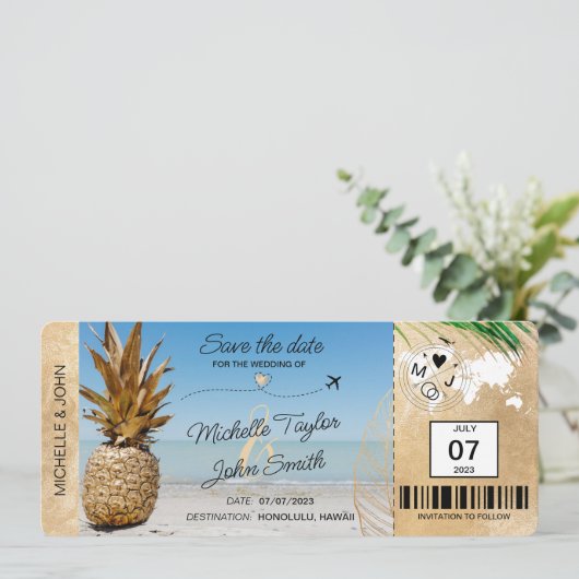 日付を保存 航空券 世界地図 パイナップルを添えて 招待状 (スタンド正面)