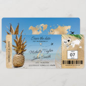 日付を保存 航空券 世界地図 パイナップル イン 招待状 (正面/裏面)