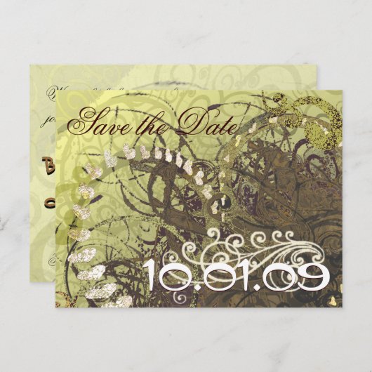 日付を保存 黄色と茶色のハート 案内ポストカード (正面/裏面)