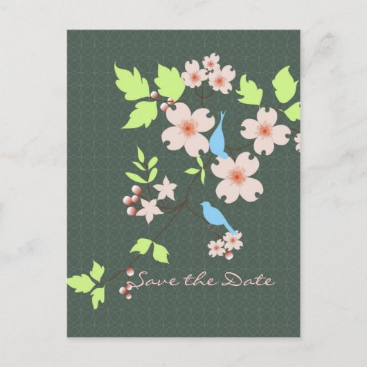 日付を保存 2羽の青い鳥がドッグウッドの枝に止まって会話 案内ポストカード (正面)