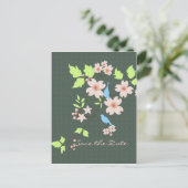 日付を保存 2羽の青い鳥がドッグウッドの枝に止まって会話 案内ポストカード (スタンド正面)