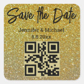 日付を保存，qrコード金ゴールドグリッターシック スクエアシール (正面)