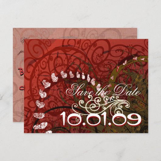 日付を保存Burgundyハート- 案内ポストカード (正面/裏面)