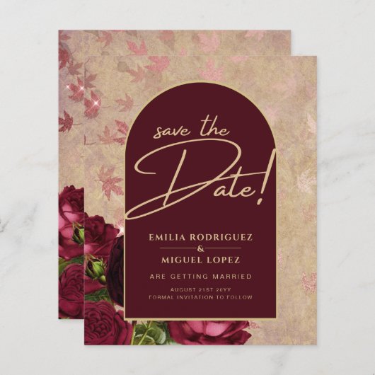 日付を保存Burgundyバラ赤ヴィンテージフローラ (正面/裏面)