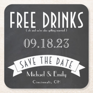日付を保存Free Drinksの結婚アールデコスクエア スクエアペーパーコースター