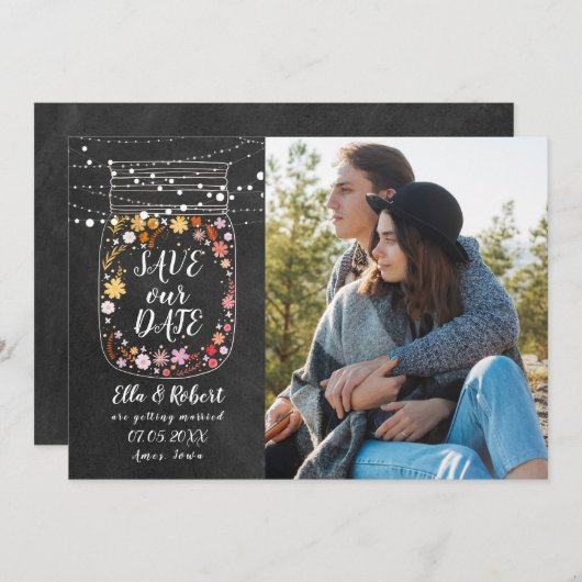 日付を保存Mason Jar String Lights Boho Photo セーブザデート (正面/裏面)