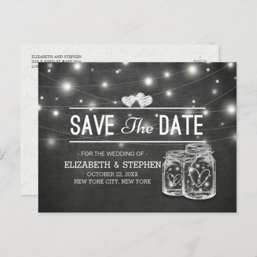 日付を保存Mason Jar String Lights Chalkboard A 案内ポストカード (正面/裏面)