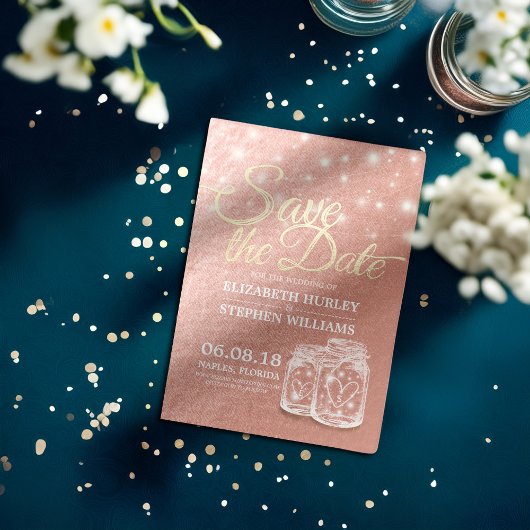 日付を保存Mason Jars & String Lightsバラ金ゴールド セーブザデート