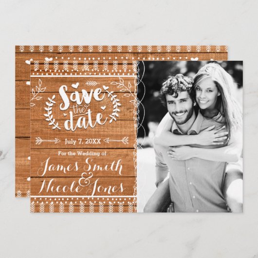 日付を保存Oak Woodフォト素朴招待状 セーブザデート (正面/裏面)