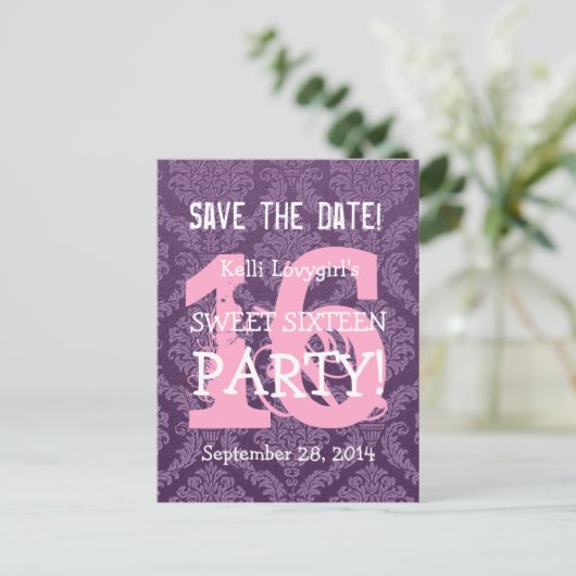 日付を保存Sweet 16誕生日パーティーA04 PURPLE 案内ポストカード (スタンド正面)