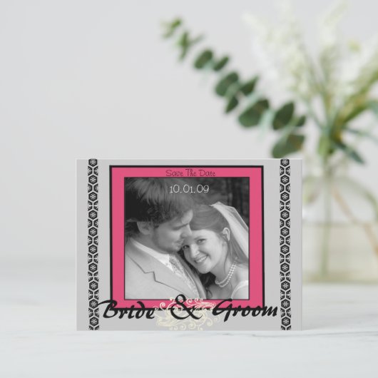 日付を写真と一緒にピンクとグレーで保存 案内ポストカード (スタンド正面)