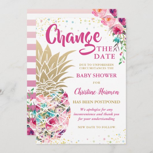 日付を変更するピンクの金ゴールドパイナップルベビーシャワー 招待状 (正面/裏面)