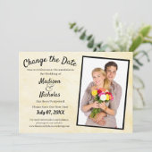 日付を変更する写真のベージュ結婚パーチメントを追加 セーブザデート (スタンド正面)