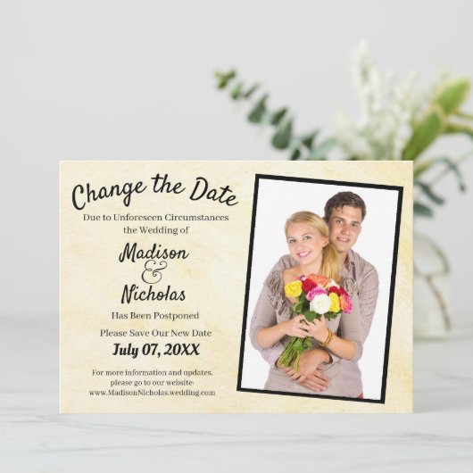 日付を変更する写真のベージュ結婚パーチメントを追加 セーブザデート (スタンド正面)