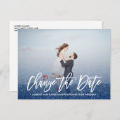 日付を変更する書道グリッター青い写真 案内ポストカード (正面/裏面)