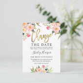 日付を変更 ピンクの花模様 ゴールドのスクリプト ポストカード (スタンド正面)