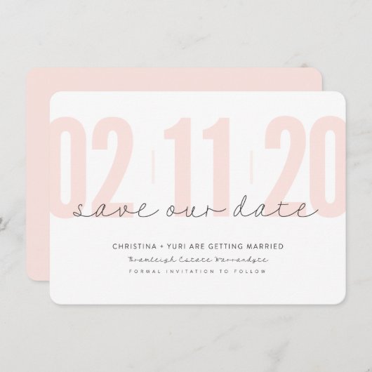 日付を大きな数モダンのピンク色の黒で保存 招待状 (正面/裏面)